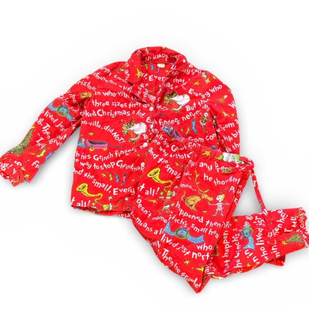 POTTERY BARN TEEN GRINCH FESTIVE PAJAMA SET SIZE SMALL RED CHRISTMAS Top Bottom